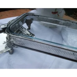 CottageFurnitures Auflaufform Lasagneform Wärmeschale Servierschale Glasschale Versilbert Servierer Schale Ofenform Metallständer Tischdek