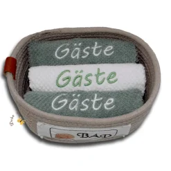 Best Deko und Taschen Besticktes Gästehandtuch-Set Eukalyptus im Seilkorb – personalisierbar & dekorativ 3er Set