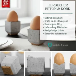 Bloßfeld und Jungk Beton Eierbecher 4er Set, handgefertigte Design Eierbecher mit Korkboden für Frühstückstisch und Brunch