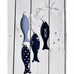 Bachbienchen dunkelblau - weißer Fischschwarm, 4 Stofffische davon einer mit " MOIN " bestickt