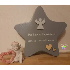 Deko-Objekte^FlyingLoveDesign Erinnerung an ein Sternenkind, Geschenk für Sterneneltern, individuelle gestaltetes Trauergeschenk, grauer Stern, Feder