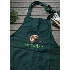 Danis-Zauberstube handmade with Love Grillschürze „Fleisch ist mein Gemüse“ – bestickt - BBQ Schürze mit Bauchtasche – Geschenk für Männer