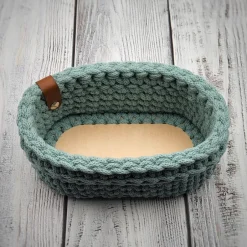 Körbe^ViasHomeDecor Häkelkorb oval mit Holzboden in 2 Größen | Aufbewahrungskorb Badezimmer | Geschenkkorb gehäkelt