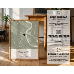 Alleliebe Personalisiertes Stadtplan Poster Grün – mit Herz, Namen & Datum – Individuelles Geschenk für Hochzeit, Jahrestag & Verl