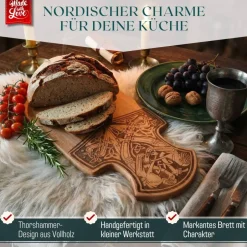 Bloßfeld und Jungk Schneidebrett Buche Massivholz, handgefertigtes Servierbrett im Thorshammer Design, geölt, mit Gummifüßen, 44 x 22 x 2cm