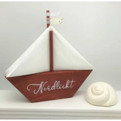 Strandgutlädchen Serviettenständer/Serviettenhalter, Segelschiff aus Holz, schwedenrot lasiert,  mit Servietten und Wimpeln
