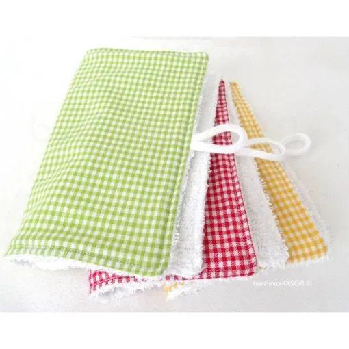New bunt-mixx-DESIGN SET 3 Waschtuch Waschlappen Landhaus Stil, Vichykaro grün gelb rot, reine Baumwolle Frottee Frottier, by BuntMixxDESIGN