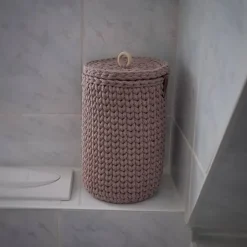 ViasHomeDecor Toilettenpapierkorb mit Holzboden – Häkelkorb mit oder ohne Deckel in 2 Größen